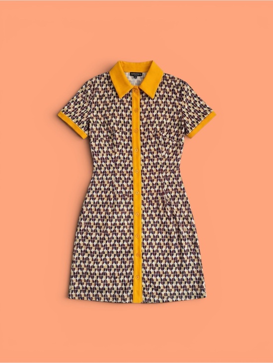 SHEIN Dresses & Skirts - SHEIN Yellow-Trim Geometric Print Mini Shirt Dress